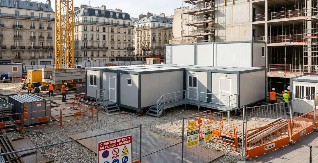 Base vie modulaire complète installée sur chantier de construction urbain en France, avec modules superposés blancs, grue en arrière-plan et signalétique de sécurité chantier