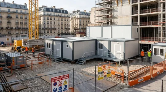 Base vie modulaire complète installée sur chantier de construction urbain en France, avec modules superposés blancs, grue en arrière-plan et signalétique de sécurité chantier