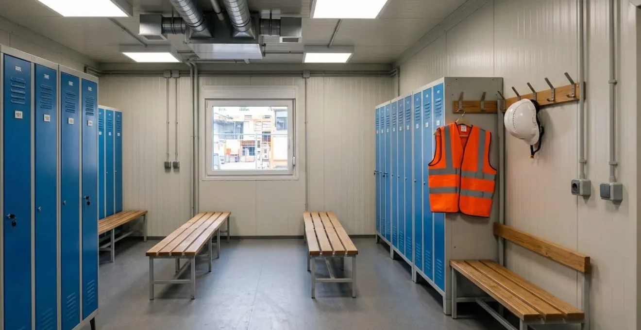 Intérieur d'un vestiaire modulaire de chantier équipé de casiers métalliques, bancs, système de ventilation et éclairage LED, montrant la propreté et le confort des installations