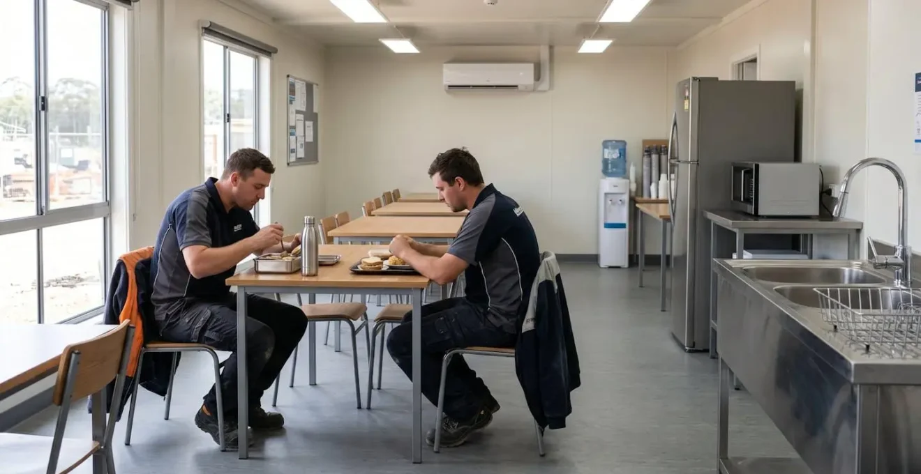 Réfectoire modulaire de chantier aménagé avec tables, chaises, coin cuisine équipé et compagnons en pause déjeuner dans un espace propre et lumineux